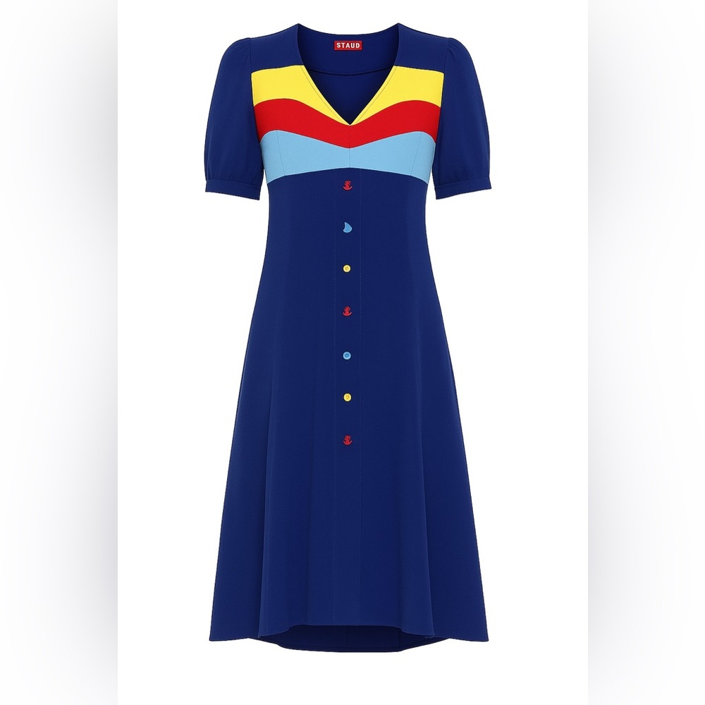 STAUD Roger Colorblock Midi Shirt Dress Blue Yellow Red Short Sleeve Size XS